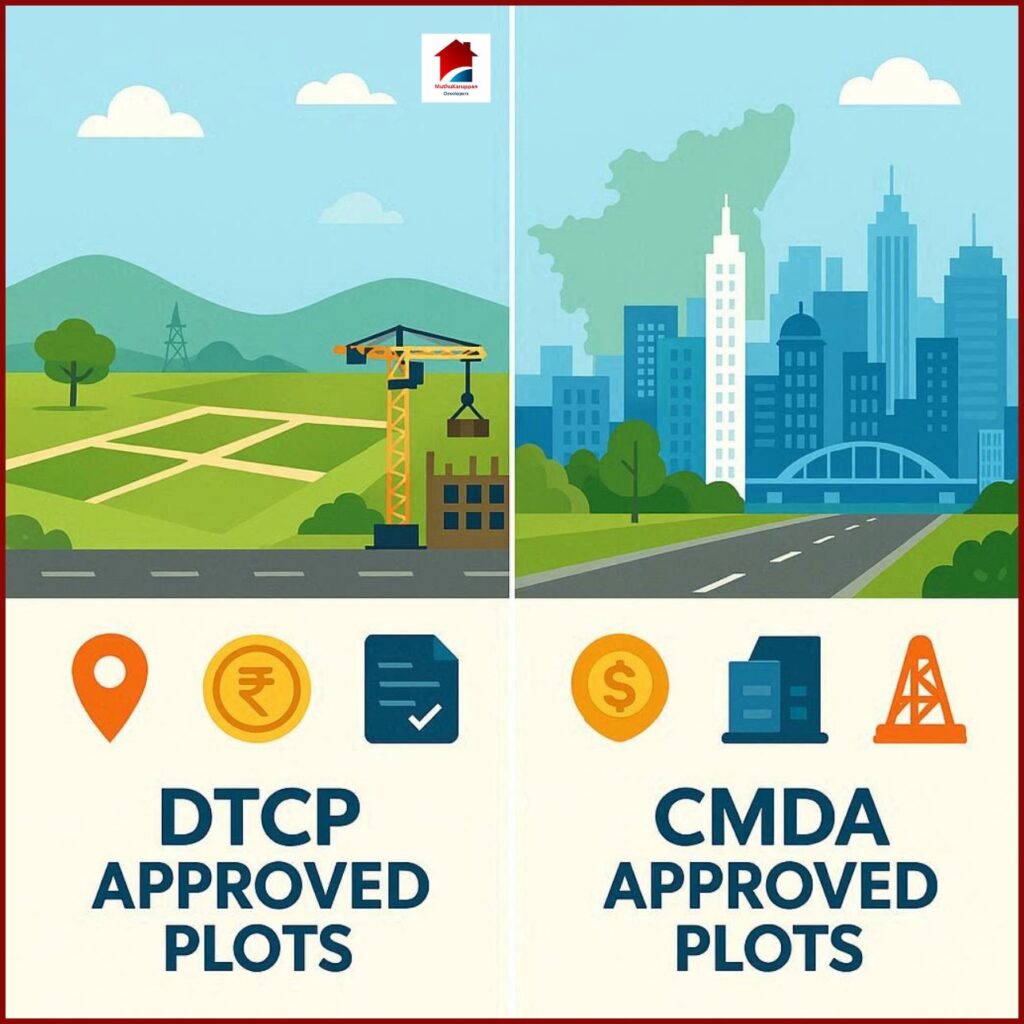 Comparison of DTCP and CMDA approved plots in Tamil Nadu showing differences in location, price, approval process, and investment benefits