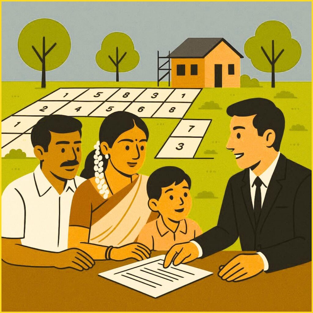 Family buying land in Tamil Nadu with real estate agent and legal documents illustration