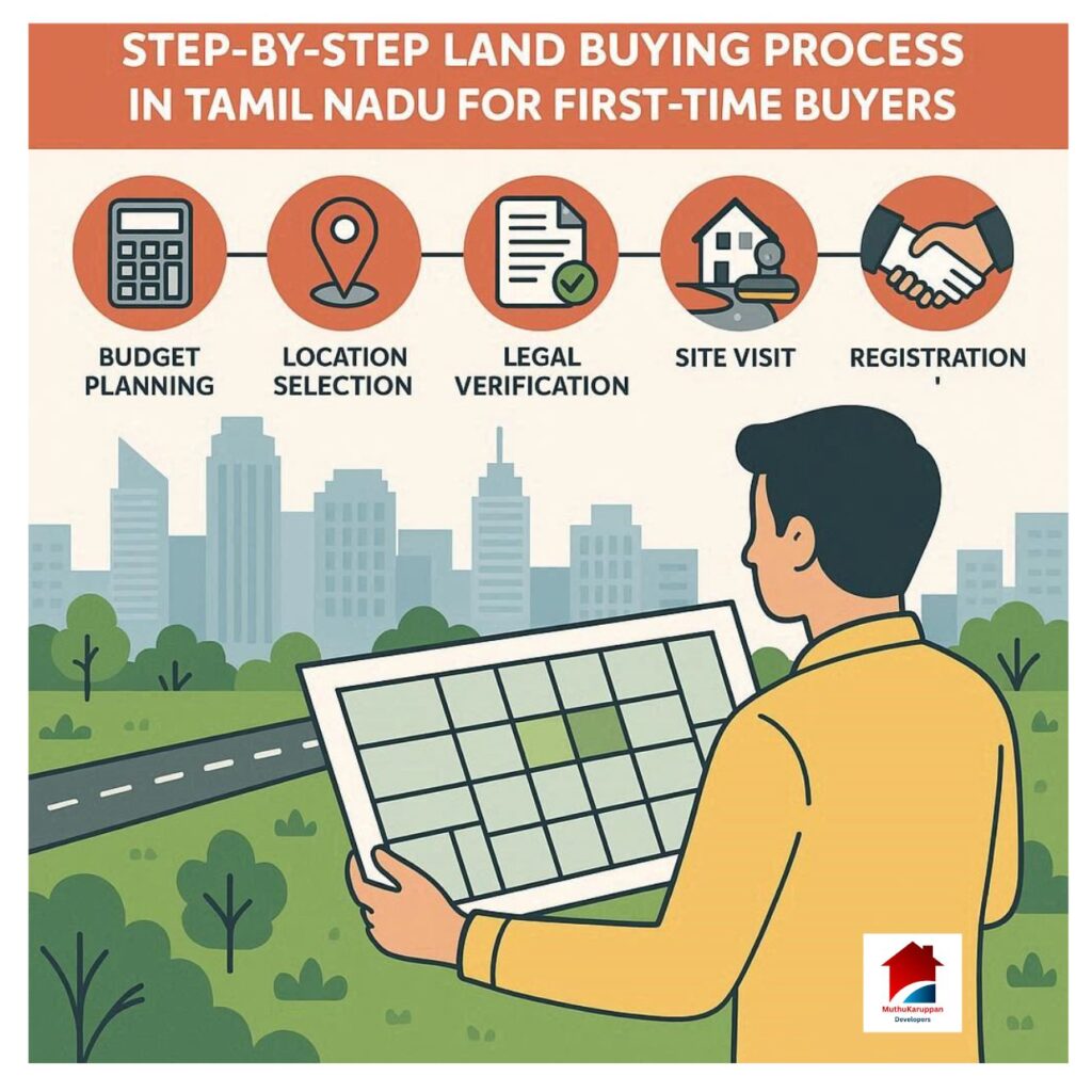 Flat vector illustration showing the process of buying land in Tamil Nadu with steps like budget planning, legal verification, approvals, and registration for first-time buyers.