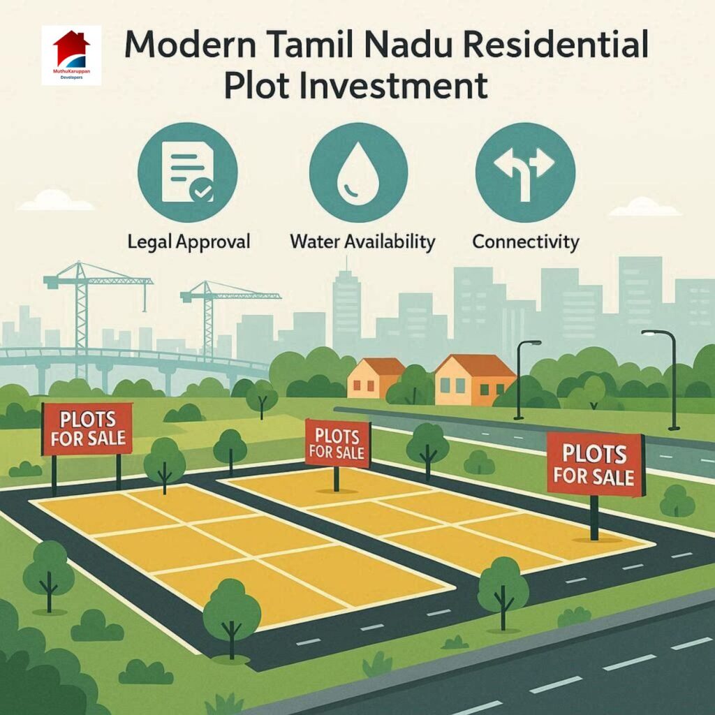 Flat vector illustration of residential plot layout in Tamil Nadu with roads, infrastructure, and investment icons representing real estate growth and land buying opportunities.