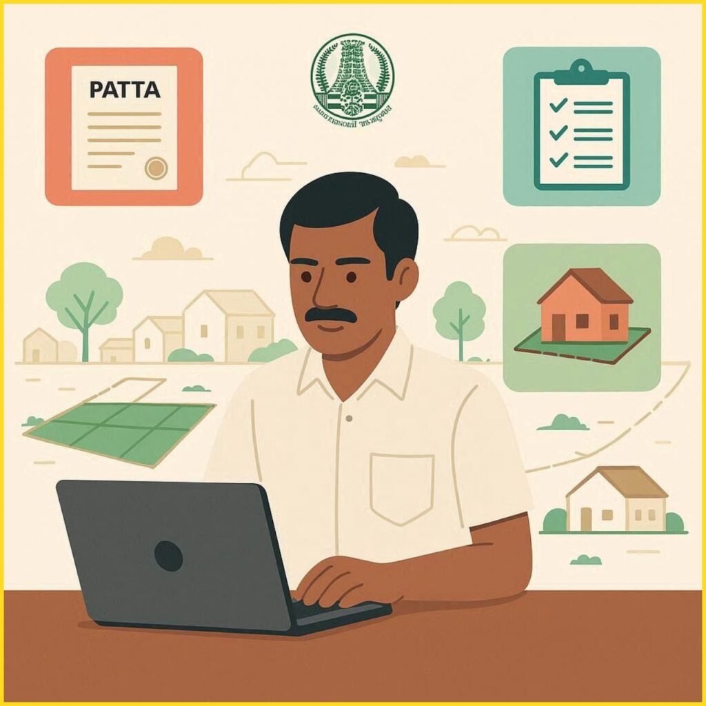 Illustration of a land buyer checking Patta document and land ownership details online in Tamil Nadu